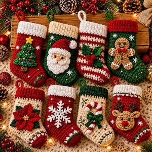 Può includere: Otto calze natalizie all'uncinetto con disegni festivi tra cui un albero di Natale, Babbo Natale, agrifoglio, un omino di pan di zenzero, una stella di Natale, un fiocco di neve, un bastoncino di zucchero e una renna, con bordi bianchi.