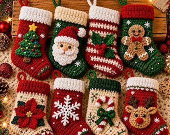 May include: Eight crocheted Christmas stockings featuring festive designs including a Christmas tree, Santa Claus, holly, a gingerbread man, a poinsettia, a snowflake, a candy cane, and a reindeer, all with white cuffs and hanging loops.