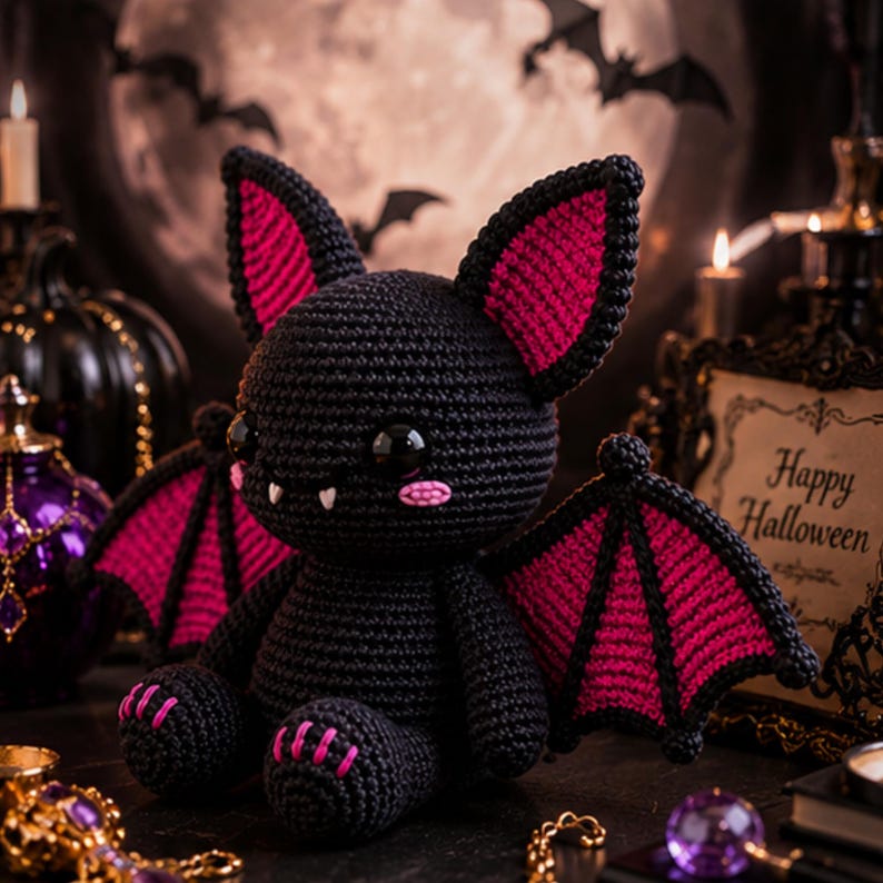 May include: A crocheted bat plush toy featuring a black body with vibrant pink accents on the inner ears, wings, and feet. The figure has large black glossy eyes, two small white fangs, and pink stitched cheeks, sitting in a seated position.