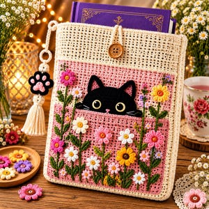 Op de afbeelding: Een crème en roze gehaakte boekenhoes met een zwarte kat die uit een zakje kijkt, versierd met diverse kleurrijke gehaakte bloemen. De hoes is voorzien van een houten knoopsluiting en een bungelende bedel met een zwarte pootafdruk.