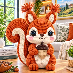 Puede incluir: Un peluche de ardilla tejido a ganchillo con hilo naranja y crema, con grandes ojos negros, mejillas rosadas y una bellota marrón en sus patas. La ardilla tiene orejas altas con puntas mechadas y una cola grande, curva y tupida de hilo naranja y crema.