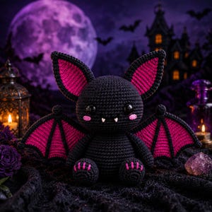 May include: A crocheted bat plush toy with a black body, large pointed ears with bright pink inner sections, and matching pink wing membranes. The bat features two black glossy eyes, small white fangs, and pink stitched details on its cheeks and feet.