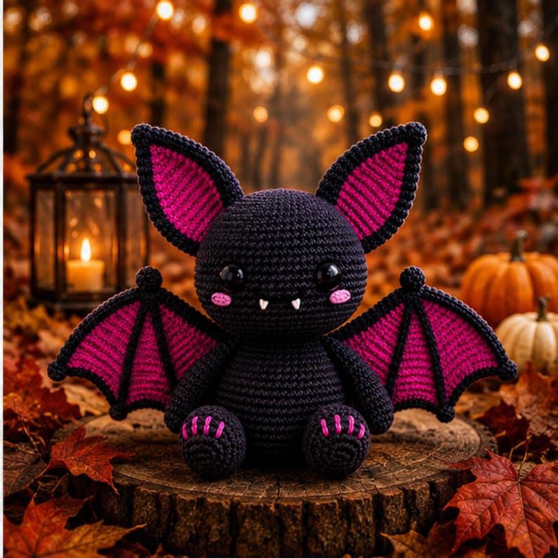 May include: A crocheted bat plush toy featuring a dark purple body, large pointed ears with bright pink inner sections, and matching pink-accented wings. The figure has two black glossy eyes, small white fangs, and pink stitched cheek details.