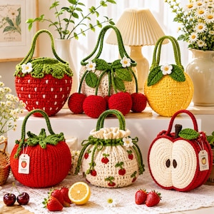 Puede incluir: Una colección de seis bolsos de ganchillo hechos a mano con formas de frutas, incluyendo una fresa roja, un bolso crema con cerezas rojas colgantes, una fruta cítrica amarilla, un tomate rojo, un bolso de cordón crema y una rodaja de manzana roja.