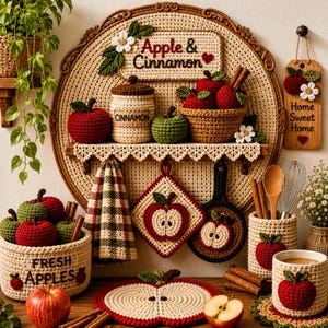 May include: A collection of crochet kitchen decor featuring apple and cinnamon themes. Items include a wall-mounted shelf with a sign reading Apple & Cinnamon, a basket of apples, a plaid towel, a potholder, a mug cozy, and a utensil holder.