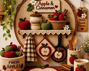 May include: A collection of crochet kitchen decor featuring apple and cinnamon themes. Items include a wall-mounted shelf with a sign reading Apple & Cinnamon, a basket of apples, a plaid towel, a potholder, a mug cozy, and a utensil holder.