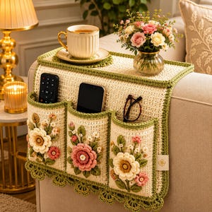 May include: A cream-colored crochet sofa armrest organizer featuring three deep pockets, each adorned with three-dimensional floral appliques in shades of pink, white, and green. The edges are finished with a green border and scalloped trim.