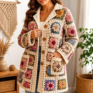 May include: A long-sleeved cardigan made of cream-coloured yarn featuring a multi-coloured granny square pattern in shades of pink, blue, yellow, and brown. The garment has a notched collar, four brown buttons down the front, and two front pockets.