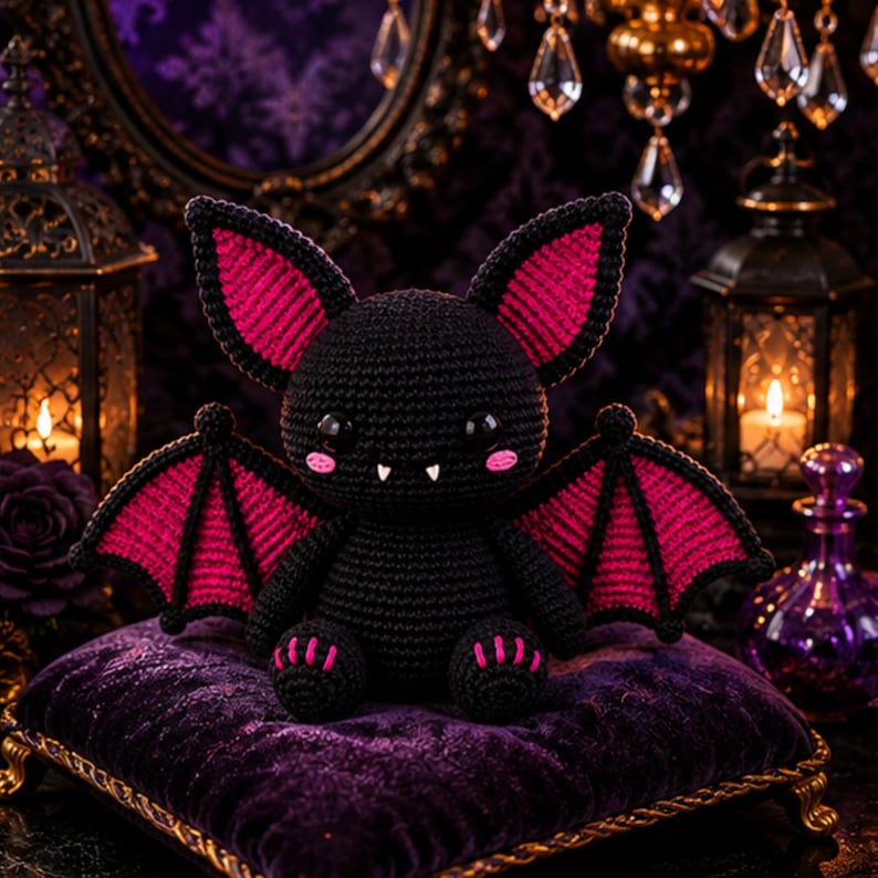 May include: A crocheted bat plush toy featuring a black body with vibrant pink inner ears and wing membranes. The bat has large black safety eyes, two small white fangs, and pink stitched cheeks, with pink accents on its feet and wing tips.