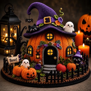 Può includere: Una casa a forma di zucca all'uncinetto con un tetto a cappello da strega viola, dotata di una porta nera, piccole finestre ed elementi decorativi tra cui fantasmi, zucche, un gatto nero e un cartello con la scritta Boo.