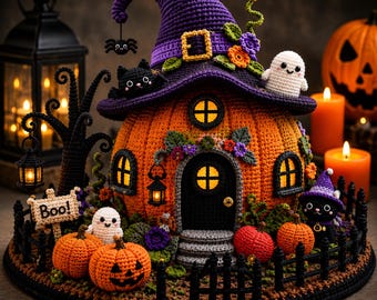 May include: A crochet pumpkin house with a purple witch hat roof, featuring a black door, small windows, and decorative elements including ghosts, pumpkins, a black cat, and a sign that says Boo. The structure sits on a circular base with a fence.
