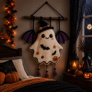 May include: A cream-colored crocheted ghost wall hanging featuring a black witch hat, purple bat wings, and embroidered details including bats, stars, and a pumpkin. The ghost is suspended from a wooden branch with three dangling tassels.