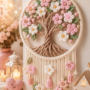 May include: A circular macrame wall hanging featuring a central tree design crafted from twisted tan rope. The branches are adorned with crocheted pink and white flowers and green leaves. Below the hoop, long cream fringe hangs with small pink tassels.