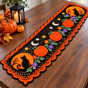 May include: A rectangular crochet table runner featuring a black mesh base with a scalloped orange border. The design includes appliqués of orange pumpkins, purple flowers, green leaves, white crescent moons, stars, and black cats against orange moons.