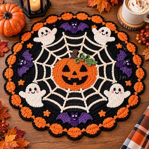 Könnte beinhalten: Ein rundes, gehäkeltes Halloween-Deckchen mit einem zentralen orangefarbenen Kürbis, der von einem weißen Spinnennetz umgeben ist. Der schwarze Hintergrund ist mit vier weißen Geistern und drei lila Fledermäusen verziert und hat einen orangefarbenen Bogenrand.