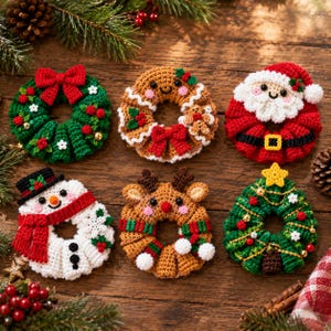 May include: Six crocheted Christmas ornaments shaped like wreaths. Designs include a green wreath with a red bow, a gingerbread person, a Santa Claus, a snowman with a black hat, a reindeer with antlers, and a decorated Christmas tree.