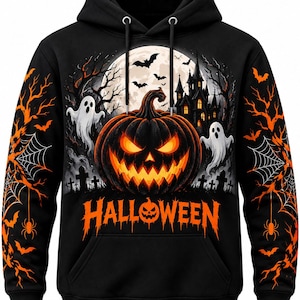 May include: A black hooded sweatshirt featuring a large graphic of a glowing jack-o'-lantern, two white ghosts, a haunted castle, and a full moon. The word HALLOWEEN is printed in orange below the pumpkin. The sleeves feature orange trees and spiderwebs.