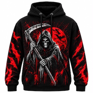 May include: A black hooded sweatshirt featuring a graphic print of a hooded skeleton figure holding a large scythe. The design includes a large red moon, flying bats, and red paint splatter effects across the front and down the long sleeves.