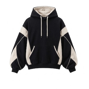 This is a premium, oversized vintage colorblock streetwear pullover hoodie featuring a bold two-tone aesthetic inspired by retro Y2K tracksuits. It is presented flat against a plain, neutral white background.