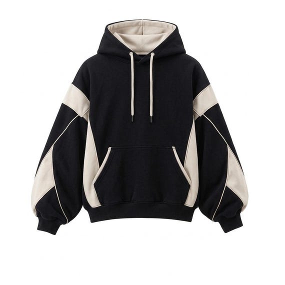 Oversized Black Hoodie, Colorblock Streetwear Sweatshirt, Heavyweight Fleece Pullover, Y2K Vintage Unisex Hoodie