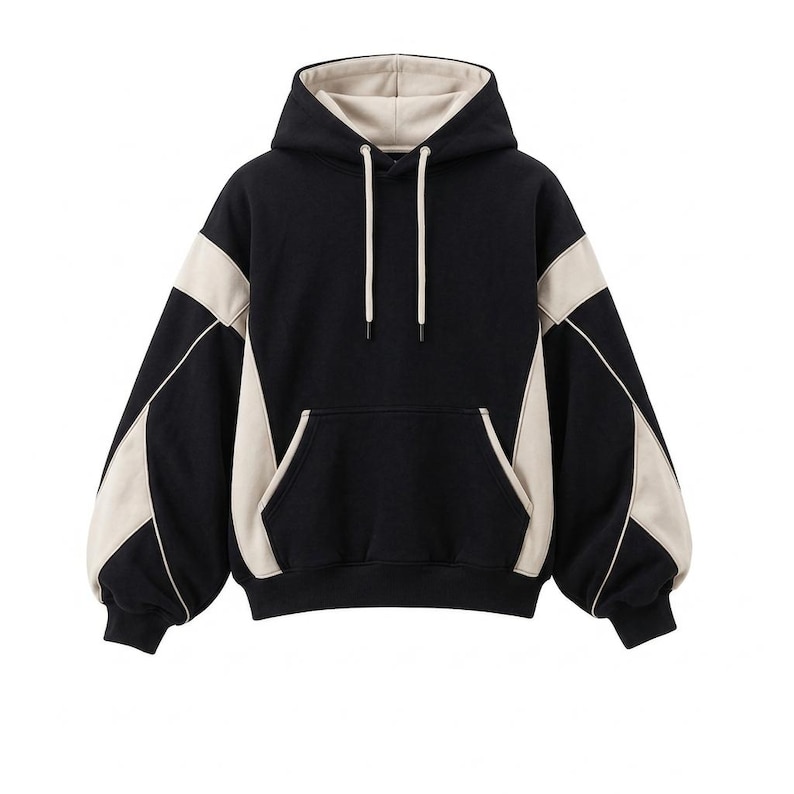 This is a premium, oversized vintage colorblock streetwear pullover hoodie featuring a bold two-tone aesthetic inspired by retro Y2K tracksuits. It is presented flat against a plain, neutral white background.