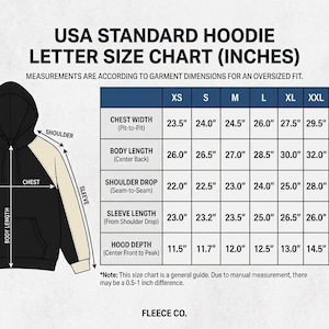 Overview
A size guide graphic titled "USA STANDARD HOODIE LETTER SIZE CHART (INCHES)" displaying garment dimensions for an oversized fit hoodie, accompanied by an annotated hoodie diagram and brand name "FLEECE CO." at the bottom.