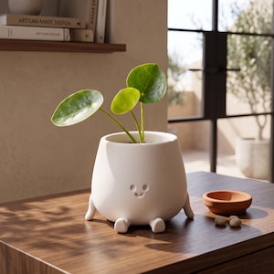 May include: A matte white ceramic planter with a rounded body, three small feet, and a simple embossed face featuring two circular eyes and a curved mouth. A green Pilea peperomioides plant with several round leaves grows from the top opening.