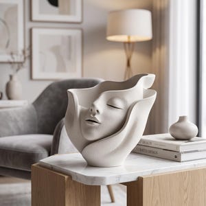 Könnte beinhalten: Eine matte, cremeweiße Keramikvase mit einem skulpturalen menschlichen Gesicht mit geschlossenen Augen und leicht geöffneten Lippen, eingebettet in eine fließende, blütenblattartige Struktur mit einer feinkörnigen Oberfläche.