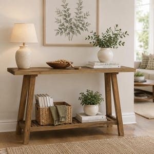 May include: A rectangular wooden console table with a lower shelf, featuring angled legs. The top surface holds a cream-colored table lamp, a wooden bowl with beads, and a white vase with greenery. A woven basket with books sits on the lower shelf.