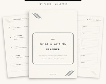 May include: A printable and fillable 129-page US Letter digital planner titled 2027 Goal & Action Planner. The cover features the text Set, Break Down, Execute, Review and Buildwise. Includes interior pages for goal frameworks and important dates.