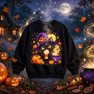 May include: A black crewneck sweatshirt featuring a graphic of a black cat wearing a purple witch hat, holding a coffee cup, and sitting next to a purple cauldron. The design includes orange pumpkins, autumn leaves, and a full moon background.