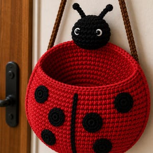 May include: A red and black crocheted hanging basket shaped like a ladybug. The basket features a round black head with two antennae and white eyes, a red body with black circular spots, and a brown braided strap for hanging on a wall or door.