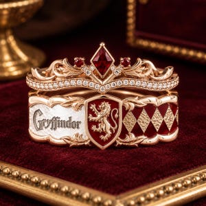 Peut inclure: Une bague en or rose composée d'un anneau en forme de couronne avec une pierre rouge centrale en losange et de petites pierres claires. L'anneau principal porte le mot Gryffindor, un écusson au lion et un motif en losanges émaillé rouge et or.