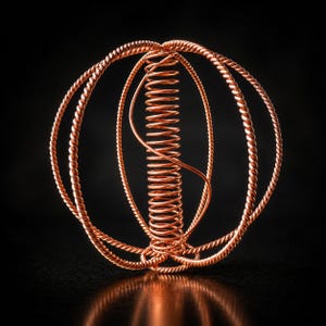 Peut inclure: Une sculpture sphérique en fil de cuivre, composée d'un ressort hélicoïdal central vertical entouré de plusieurs anneaux en fil torsadé qui s'entrecroisent en haut et en bas, formant une structure géométrique en cage à la finition métallique.