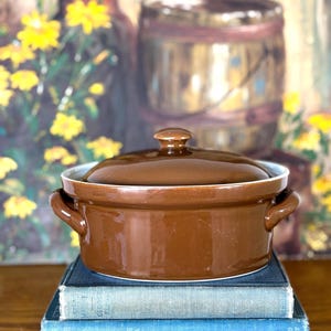 May include: A round, glossy brown ceramic casserole dish with two side handles and a matching lid. The dish features a smooth, solid-colored exterior finish and a white interior rim, resting on a stack of three vintage hardcover books.