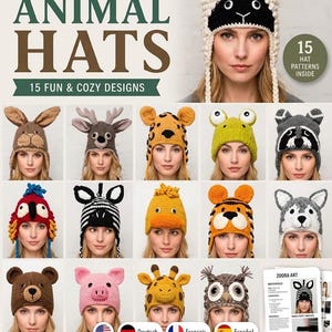May include: A digital PDF crochet pattern bundle titled Animal Hats by KroshiDesigns, featuring 15 hat designs including a sheep, rabbit, deer, leopard, frog, raccoon, parrot, zebra, duck, tiger, wolf, bear, pig, giraffe, and owl.
