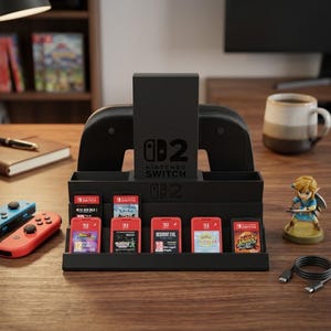 Può includere: Un supporto in plastica nera per giochi Nintendo Switch dotato di uno slot verticale centrale per una console, molteplici slot orizzontali per cartucce di gioco e una base per controller. Il supporto mostra il logo e il testo Nintendo Switch.