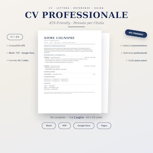 CV Professionale ATS Word Google Docs - Curriculum Vitae Italiano Inglese Modificabile - Lettera Presentazione e Referenze Incluse