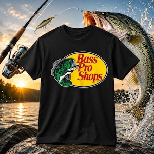 Könnte beinhalten: Ein schwarzes kurzärmeliges T-Shirt mit dem Bass Pro Shops Logo auf der Brust. Das Logo besteht aus einem gelben Oval mit einer grünen Fischillustration und dem roten Schriftzug Bass Pro Shops. Das T-Shirt hat einen Rundhalsausschnitt.