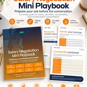 May include: A digital Salary Negotiation Mini Playbook guide featuring a cover page and two internal worksheets. The documents include sections for market research, leverage identification, and counteroffer planning, all in a professional layout.