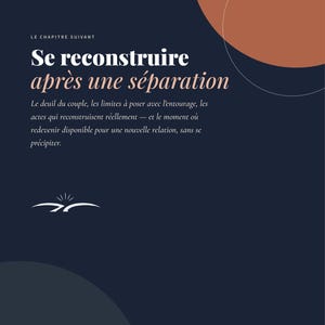 Könnte beinhalten: Ein dunkelblauer Bildungsleitfaden mit dem Titel Collection ClairAprès Guide 07, der den Text Se reconstruire après une séparation, einen großen terrakottafarbenen Kreis oben rechts und ein kleines weißes Logo unten zeigt.