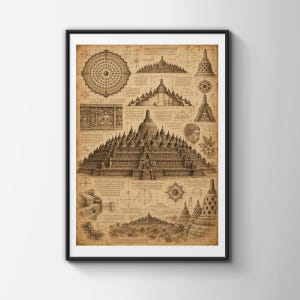 Może przedstawiać: Wydruk architektoniczny w odcieniach sepii przedstawiający szczegółowe rysunki techniczne i szkice świątyni Borobudur. Grafika zawiera diagramy geometryczne, przekroje, głowę Buddy oraz precyzyjne linie na postarzanym papierze.