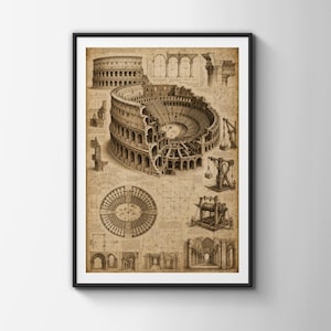 Puede incluir: Una lámina arquitectónica en tonos sepia que presenta una ilustración detallada en corte del Coliseo. La obra incluye diagramas técnicos, secciones transversales estructurales y bocetos de maquinaria de construcción sobre un fondo de pergamino.
