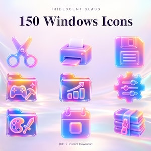 May include: A collection of 150 Windows Icons rendered in iridescent glass with a gradient of blue, pink, and orange hues. The icons include symbols for scissors, a printer, a floppy disk, folders with various graphics, and a gear.