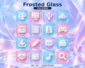 May include: A digital collection of 150 Frosted Glass icons featuring white 3D symbols on translucent blue, pink, and purple square tiles. The text reads Frosted Glass 150 ICONS and PNG + ICO 3 COLOR OPTIONS. The icons include a palette, computer, cloud, game controller, pencil, and music note.