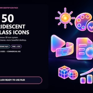 Puede incluir: Una pantalla de producto digital con 150 iconos de vidrio iridiscente para escritorio Windows. El gráfico muestra una colección de iconos 3D luminosos que incluyen un sol, una paleta de pintura, un botón de reproducción, un documento y un gráfico.