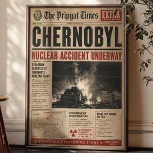 Könnte beinhalten: Ein gerahmtes Poster mit der Titelseite einer alten Zeitung namens The Pripyat Times vom 26. April 1986. Die Schlagzeile lautet Chernobyl Nuclear Accident Underway, ergänzt durch ein Schwarz-Weiß-Foto des Kraftwerks und eine Landkarte.