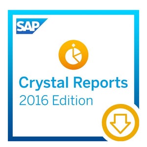 Op de afbeelding: Een vierkante afbeelding met een blauwe rand en het SAP-logo in de linkerbovenhoek. De tekst luidt Crystal Reports 2016 Edition in het blauw. Een gele cirkel met een wit cirkeldiagram-pictogram is gecentreerd en een gele downloadpijl staat rechtsonder.