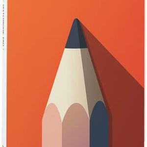 Op de afbeelding: Een rechthoekige softwaredoos voor Autodesk Sketchbook Pro 7 met een feloranje achtergrond. De hoes bevat een grote, gestileerde potloodafbeelding in crème, roze en donkerblauwe tinten, met de tekst 30 Day Sale in het blauw gedrukt.