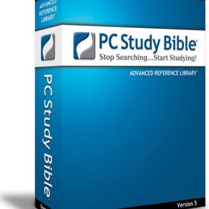 May include: A blue and white software box for PC Study Bible Version 5 Advanced Reference Library by Biblesoft. The front and side panels feature the product name, the tagline Stop Searching...Start Studying!, and a blue and gray logo icon.